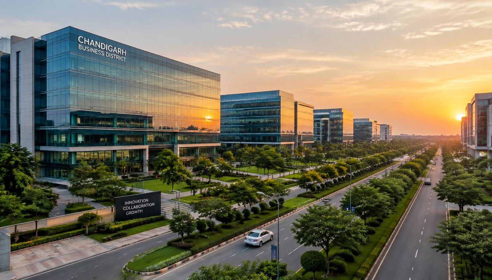 Modern business district office buildings in Chandigarh, India